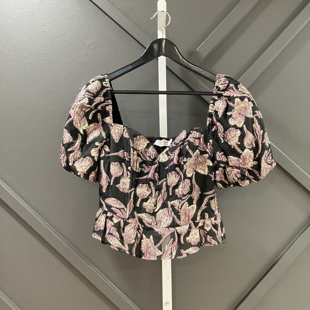ASTR The Label Womens Size M Floral Jacquard Puff Sleeve Corset Bustier Top